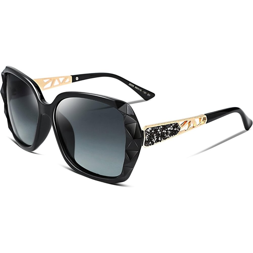 Women's Black Crystal Square Sunglasses Sparkling Composite Shiny Frame Design